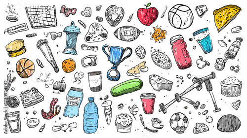 Hand-drawn food and drink doodles collection