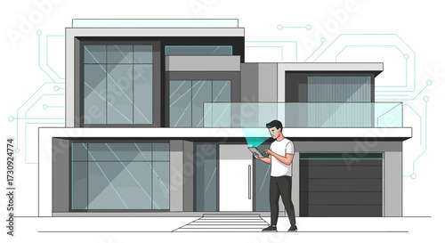 Smart home automation illustration: A man controlling his modern house with a tablet device