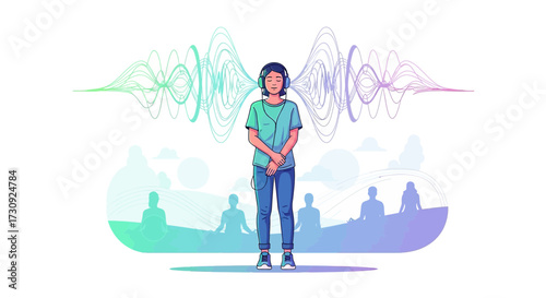 Serenity in Sound: A Woman Meditating with Music and Subtle Silhouettes Art Illustration