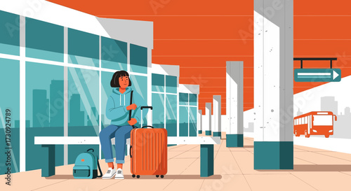 Solo traveler awaits transport at a modern urban bus station reflecting city life and movement
