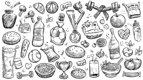 Hand-drawn food and fitness doodles