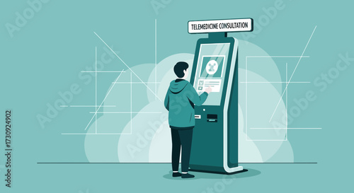 Telemedicine Consultation: Man Interacting with a Modern Digital Healthcare Kiosk  for Medical