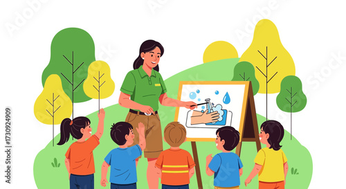 Teacher teaching children the importance of washing hands for hygiene and health prevention