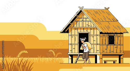 Traditional rural scene depicting a farmer carrying a sack near a wooden house
