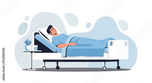Vector illustration of a man in a hospital bed recovering from illness or surgery depicting