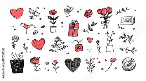 Hand-drawn love and floral doodles