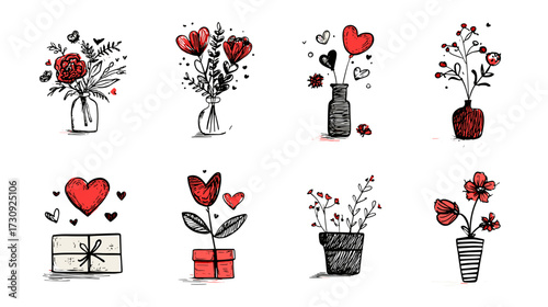 Hand-drawn flower arrangements and hearts
