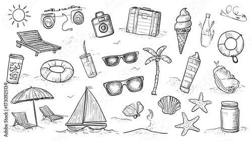 Hand-drawn beach-themed illustrations