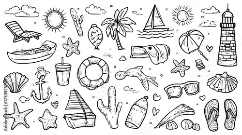 Hand-drawn beach-themed illustrations