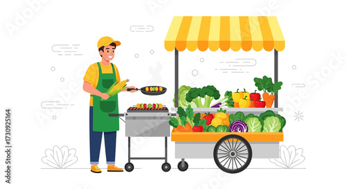 Vendor grilling skewers at colorful vegetable stand offering fresh produce at market