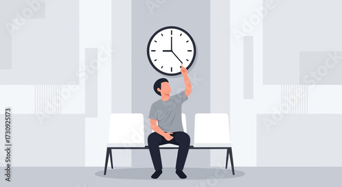 Waiting Time Illustration Featuring a Man Seated Beneath a Clock in a Minimalist Style Room
