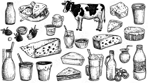Hand-drawn dairy products and cow illustration