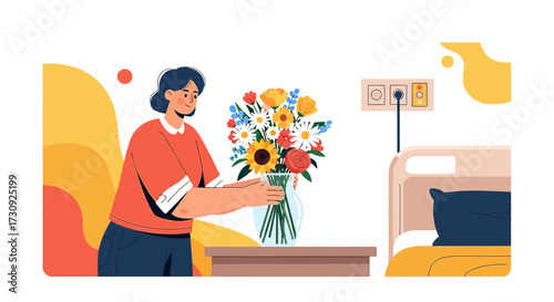 Woman brings a bouquet of flowers to a hospital room, bringing cheer and comfort to a patient's