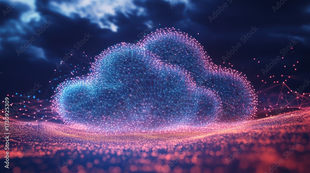 Fototapeta premium Digital cloud computing network, stormy sky background, data storage, technology concept