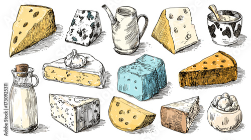 Variety of cheeses and dairy products illustrated