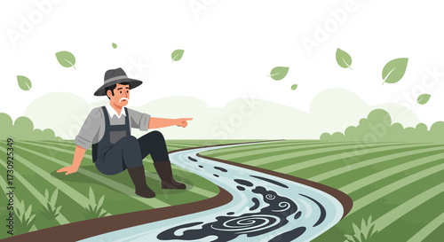Worried farmer pointing to polluted river in agricultural landscape vector image