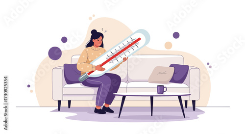 Worried woman holding a giant thermometer on a sofa representing illness and healthcare concerns