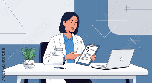 Young female doctor explaining prescription information to patient online health platform concept
