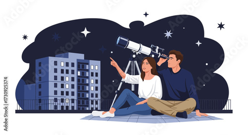 Young couple stargazing through a telescope on rooftop at night enjoying beautiful view of universe