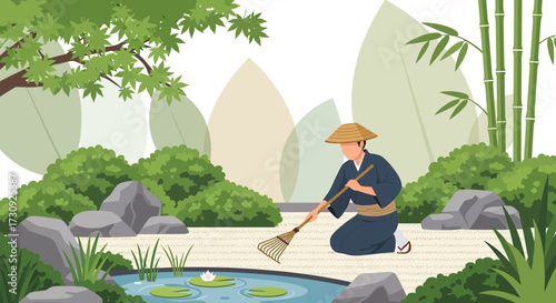 Zen garden maintenance and harmony serene gardener tending traditional landscape vector