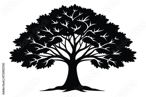 Dense Black Tree Silhouette with Intricate Branch Structure and a Full Crown of Leaves