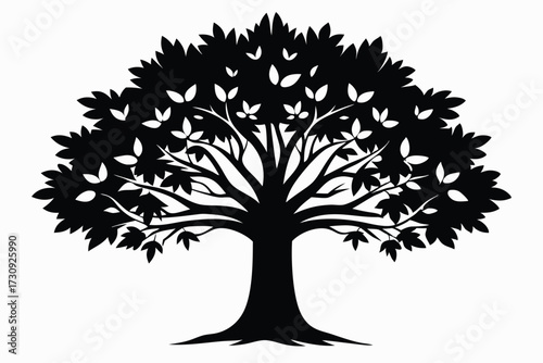 Vector Silhouette of a Tree with Leaves and Branches, Graphic Illustration Design