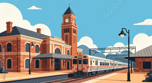 Vintage train station with clock tower under a partly cloudy sky illustration