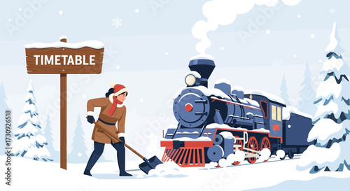 Winter rail maintenance: A person clears snow for the train's arrival near timetable