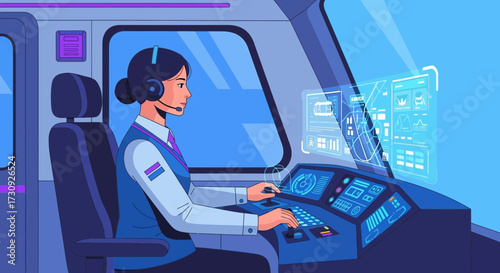Woman operating futuristic transport controls with advanced holographic displays