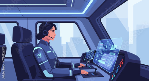 Futuristic pilot in cockpit, navigating with advanced holographic interface