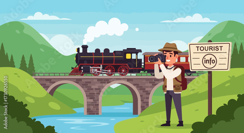 Adventurer Capturing Scenic Train Journey on Historical Stone Bridge Landscape