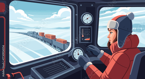 Train Journey Through Snowy Landscapes: Woman Operates Cargo Train in Winter Season