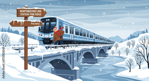 Winter Train Journey across Snow Covered Landscape with Man Shoveling Snow