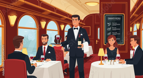 Elegant dining scene inside a vintage train carriage with waiter serving patrons
