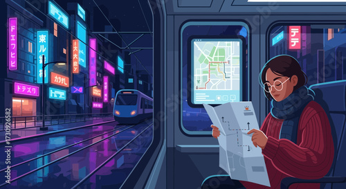 Urban explorer on a train journey, navigating a neon-lit city with a map and digital guide