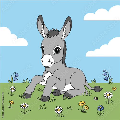 Adorable cartoon baby donkey sitting peacefully in a field of flowers isolated on white background