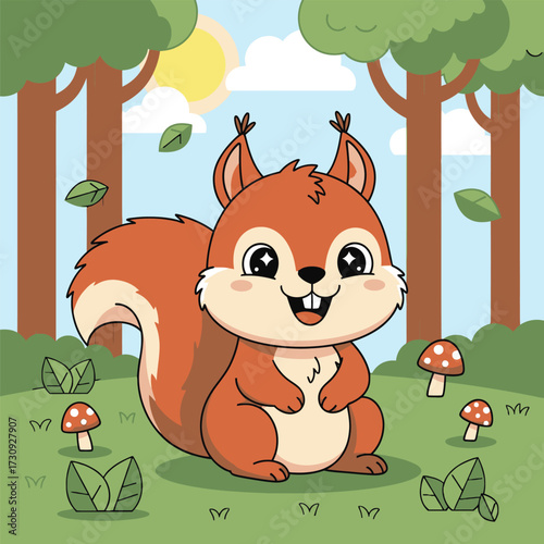 Cute cartoon squirrel with big eyes and bushy tail in a forest setting isolated on white background