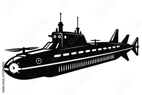 Silhouette Cartoon Submarine with Rotating Propeller and Stabilizers in Black and White Style