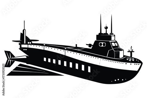 Black and White Submarine Illustration Featuring Detail and Simplified Design, Nautical Vessel for Exploration