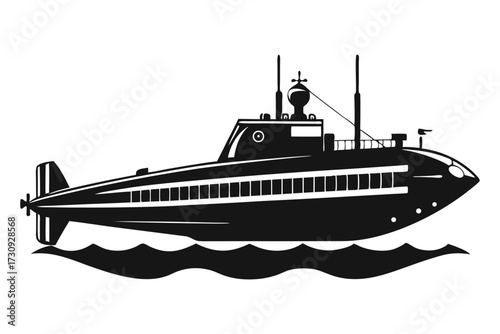 Black and White Illustration of a Submarine Navigating on Water with Waves