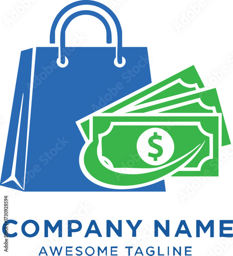 Vector art of blue shopping bag with green banknotes and dollar sign