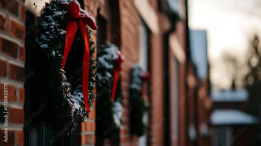 Naklejka premium Festive wreaths adorn brick townhouses with red ribbons, bringing holiday cheer to the neighborhood. Snowy touch adds a winter wonderland charm.