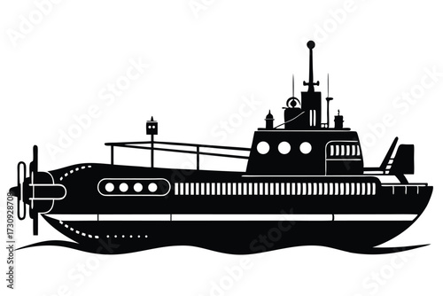 Silhouette of a RetroStyled Submarine with Propeller and Detailed Deck Above Wavy Water