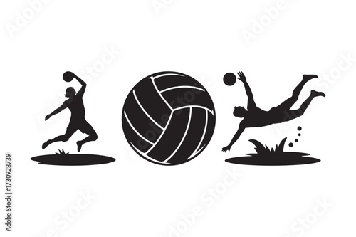 Dynamic volleyball players silhouetted around a large ball