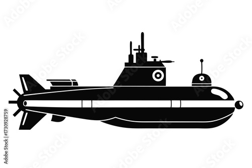 Stylized Black Submarine Silhouette with Propellers, Antenna, and Conning Tower Details