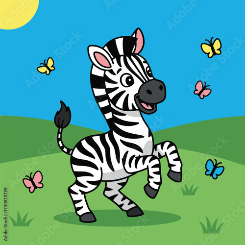 Cute cartoon zebra prancing happily with colorful butterflies in a sunny meadow isolated on white background