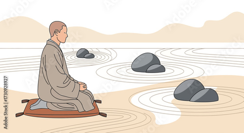 A serene zen garden scene featuring a meditating monk surrounded by raked sand and stones
