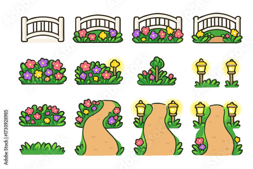 Whimsical garden elements with bridges, flowers, and lanterns