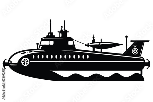 Silhouette of a Classic Submarine with Windows, Antennas, and a Wing on Top