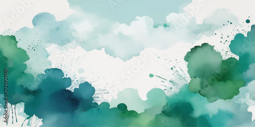 Abstract watercolor sky with fluffy white cumulus clouds on a bright blue day